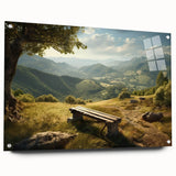 Acrylic glass wall art showcasing a vibrant valley landscape design, viewed from the side, elegantly mounted with pins for contemporary decor. Ideal for nature-inspired interiors.