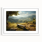 Framed landscape wall art featuring a serene valley design, showcasing soft green hues and a minimalist white mat, perfect for modern decor.