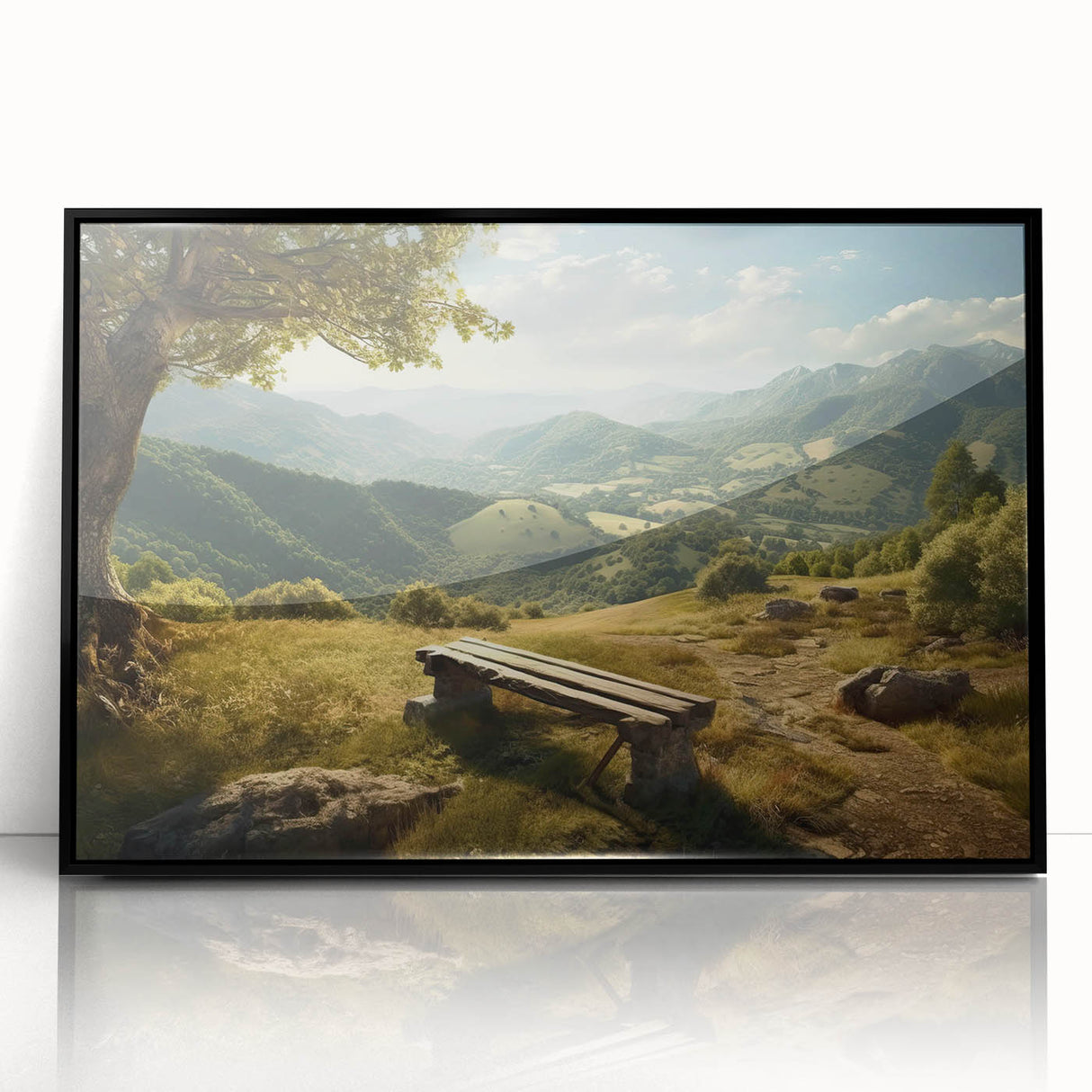 Framed wall art featuring a serene valley landscape design in black acrylic, showcasing vivid colors and intricate details, perfect for modern home decor.