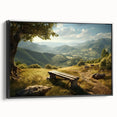 Framed canvas wall art showcasing a serene valley landscape design, featuring rich green hues and a black frame, ideal for modern home decor accents.