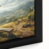 Framed canvas close-up of a serene valley landscape wall art design, showcasing vibrant greens and blues, perfect for home decor and nature enthusiasts.