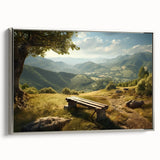 Framed canvas wall art depicting a serene valley landscape with vibrant colors, silver frame highlighting the artwork's depth and detail, perfect for home decor.