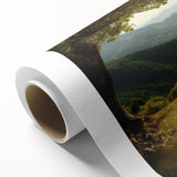 Vibrant rolled canvas showcasing a serene valley landscape design in rich greens and blues, ideal for home decor, packaged securely in a cardboard tube.