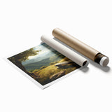 Scenic valley landscape wall art print showcasing vibrant colors and intricate details, rolled and ready for display in a stylish home decor setting.