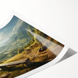 Vibrant rolled print of a serene valley landscape, showcasing lush greenery and a clear blue sky, perfect for home decor and art enthusiasts.