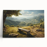 Stretched canvas wall art depicting a vibrant valley landscape design, featuring lush greens and soft blues, perfect for enhancing home décor with a natural touch.