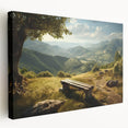 Stretched canvas wall art showcasing a serene valley landscape, featuring vibrant green hills and a clear blue sky, ideal for home decor or office spaces.