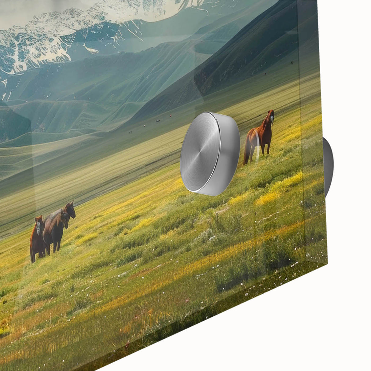 Close-up of a vibrant acrylic wall art piece showcasing a serene valley landscape design, featuring rich colors and intricate details, perfect for home decor.