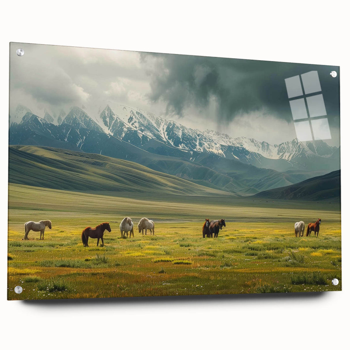 Acrylic glass wall art showcasing a vibrant valley landscape design, framed with elegant pins for a modern touch, set against a light backdrop for added contrast.