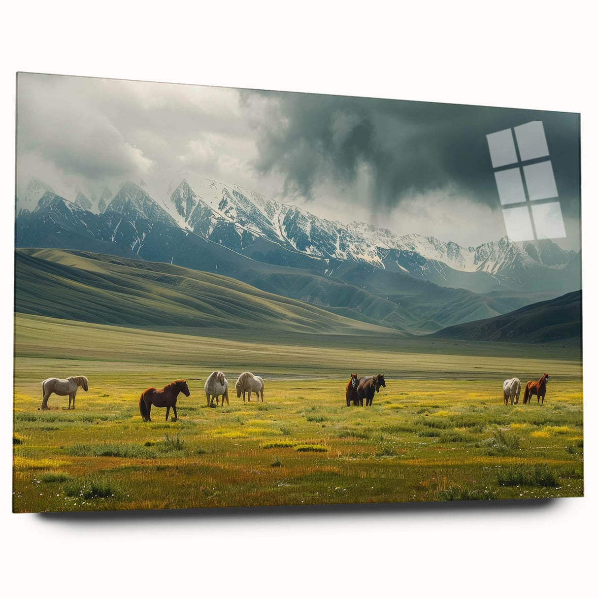 Acrylic glass wall art showcasing a vibrant valley landscape design with rich colors and intricate details, elegantly displayed without pins for a sleek appearance.