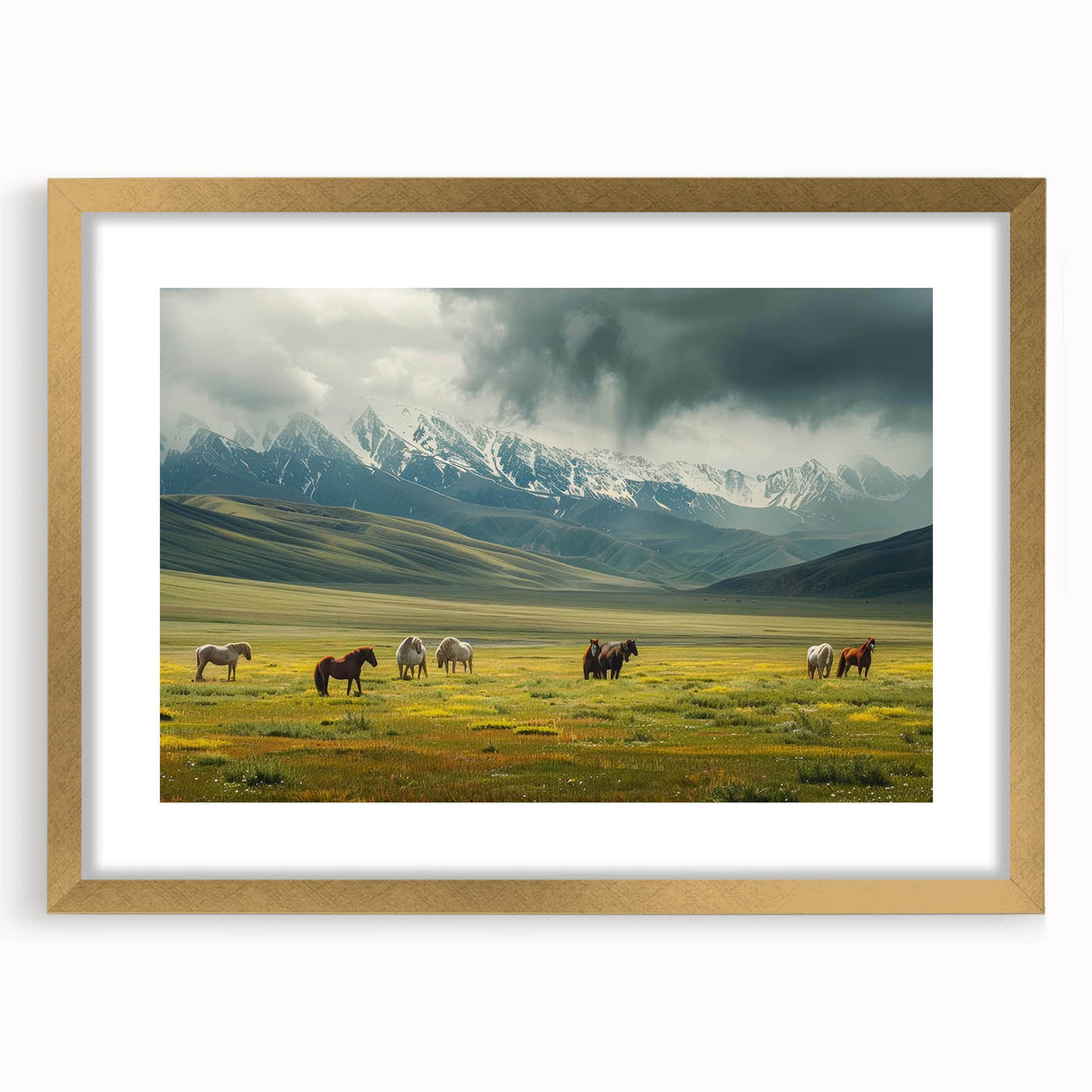 Framed wall art collection featuring a serene valley landscape design with a gold mat, ideal for enhancing home decor and creating a tranquil atmosphere.