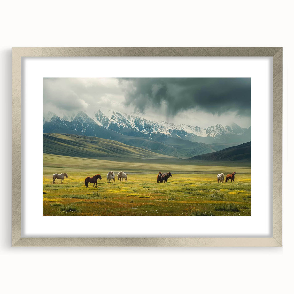 Framed wall art collection showcasing a serene valley landscape design with a silver mat, perfect for home decor, emphasizing tranquility and nature's beauty.