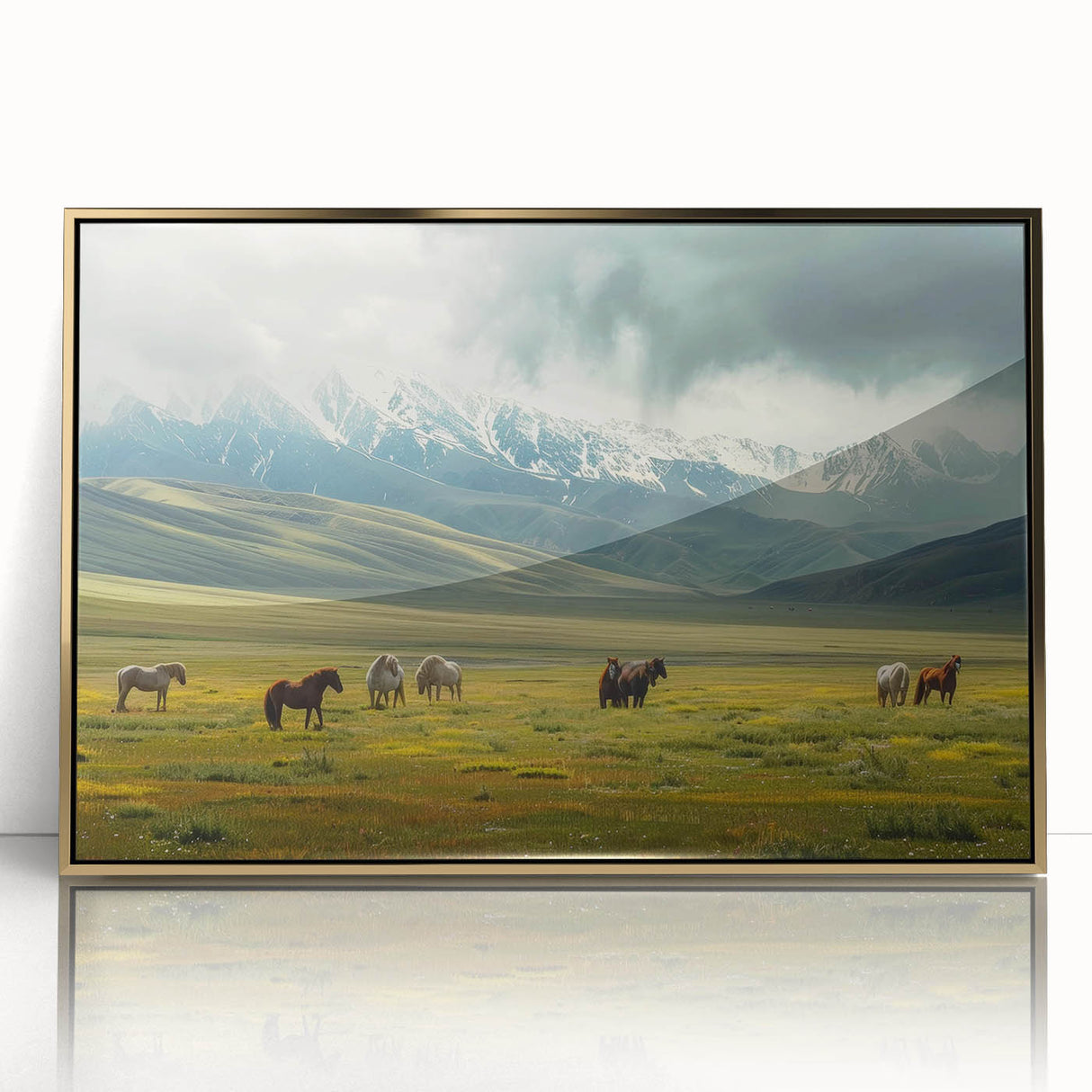 Framed wall art featuring a stunning landscape design of a serene valley, accented with a gold acrylic frame, perfect for modern home decor.