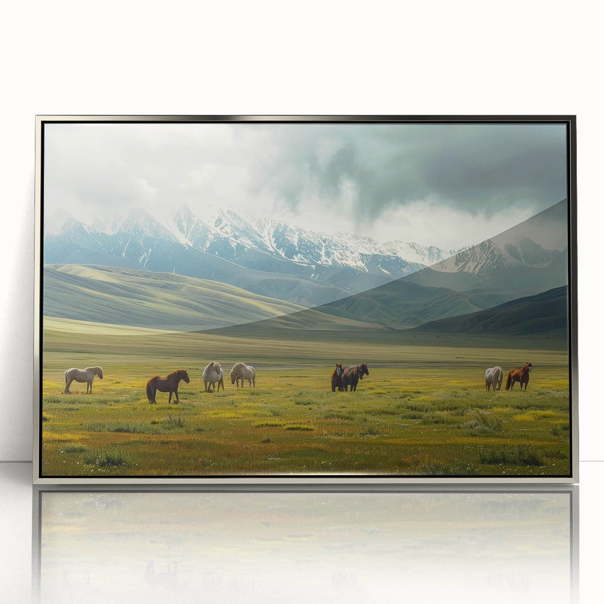Framed acrylic wall art showcasing a serene valley landscape design with silver accents, adding a touch of elegance to home decor. Perfect for nature enthusiasts.