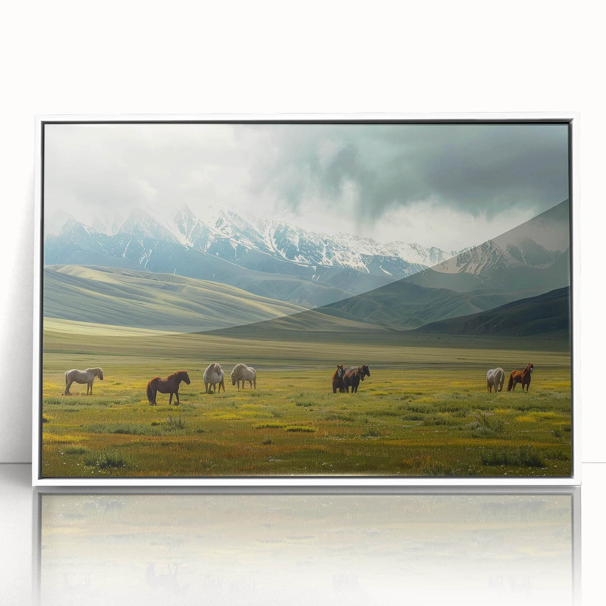 Framed acrylic wall art showcasing a serene valley landscape design, featuring lush green hills and a clear blue sky, perfect for modern home decor.