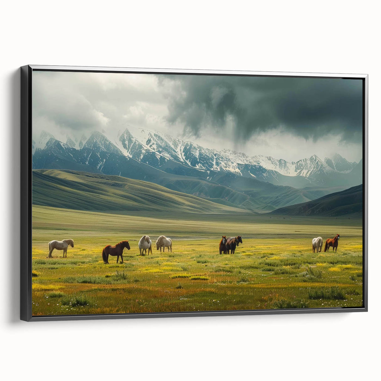 Framed canvas wall art featuring a serene valley landscape design, with vibrant colors and a sleek black frame, perfect for home decor enhancement.