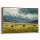 Framed canvas wall art showcasing a serene valley landscape design with rich green hues and a gold frame, perfect for enhancing home decor aesthetics.