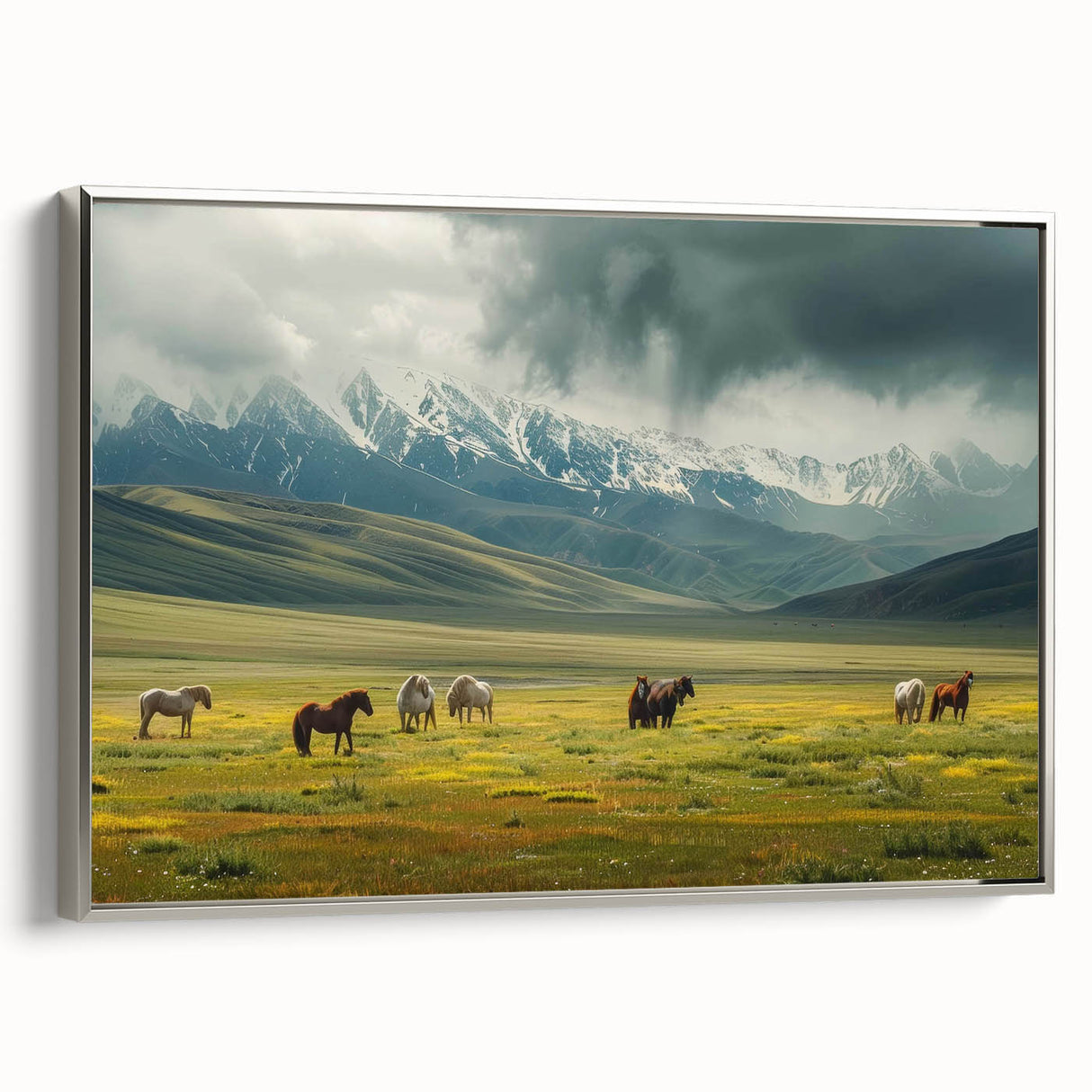 Framed canvas wall art showcasing a serene valley landscape design in silver, highlighting intricate details and vibrant colors, perfect for home decor.