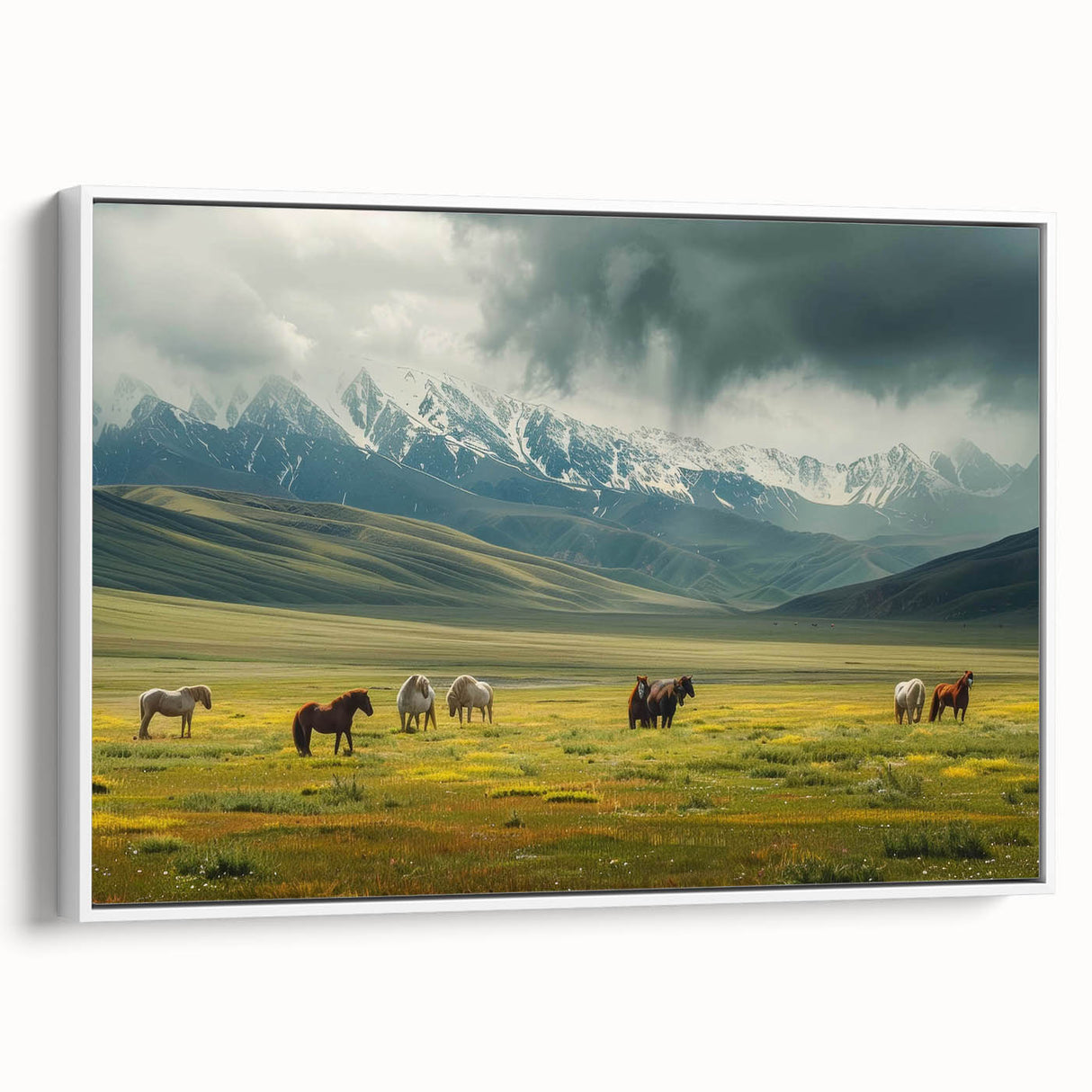 Framed canvas wall art depicting a serene valley landscape, featuring lush greenery and rolling hills, presented in a sleek white frame for modern decor.