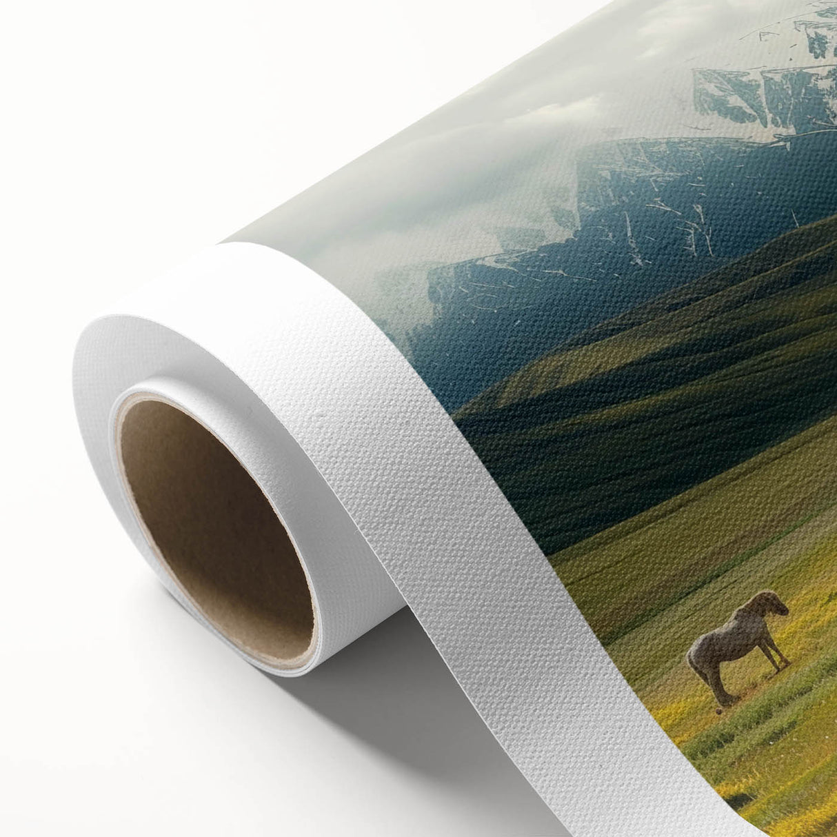 Vibrant rolled canvas showcasing a serene landscape valley design, featuring lush greenery and rolling hills, ideal for home decor or office art enhancement.