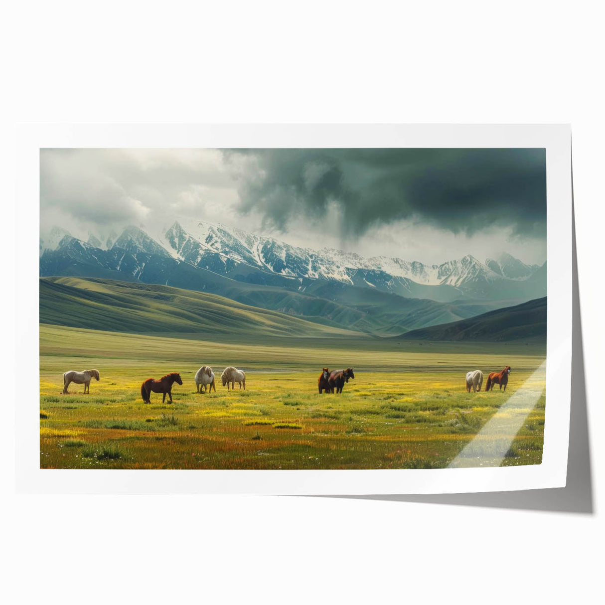 Rolled print of a serene landscape valley scene featuring soft green hills and a vibrant blue sky, perfect for home decor and wall art collections.