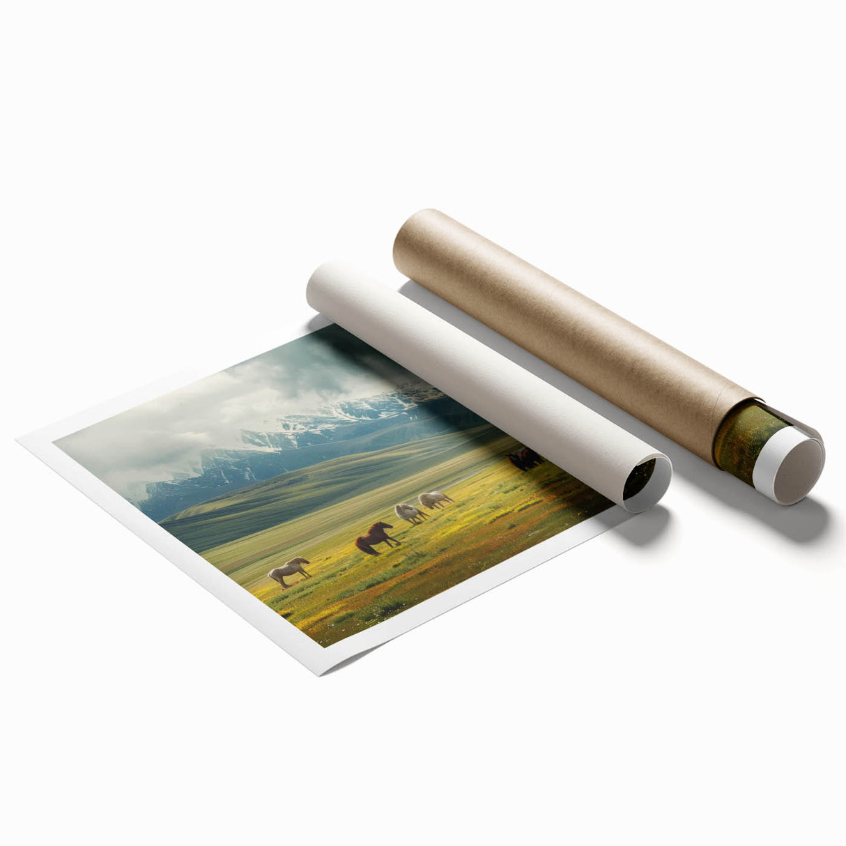 Vibrant landscape wall art print showcasing a serene valley scene with lush greenery and rolling hills, rolled and ready for display in home decor.