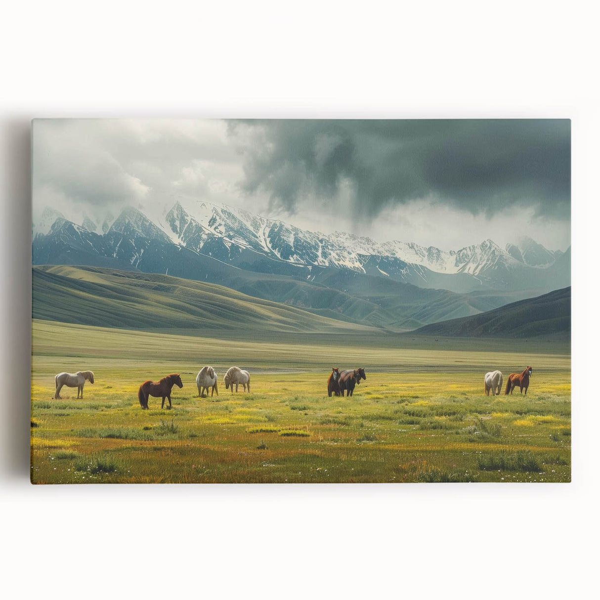 Stretched canvas wall art showcasing a serene valley landscape with vibrant colors, perfect for home decor. Ideal for nature lovers and art enthusiasts.