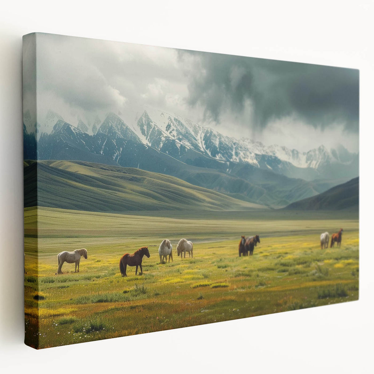 Stretched canvas wall art displaying a serene valley landscape design, featuring vibrant colors and intricate details, perfect for enhancing home decor.