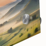 Close-up of a vibrant acrylic glass wall art piece featuring a serene valley landscape design, showcasing rich colors and intricate details, perfect for home decor.