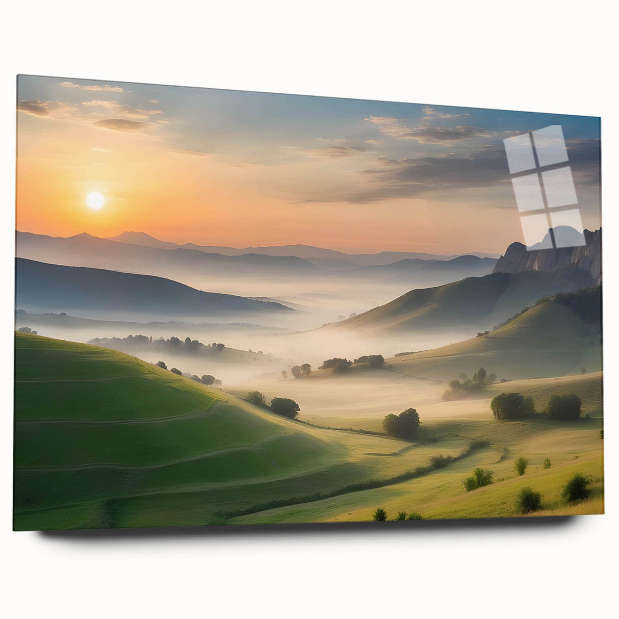 Acrylic glass wall art piece showcasing a serene valley landscape with vibrant colors and intricate details, ideal for adding nature-inspired decor to any space.