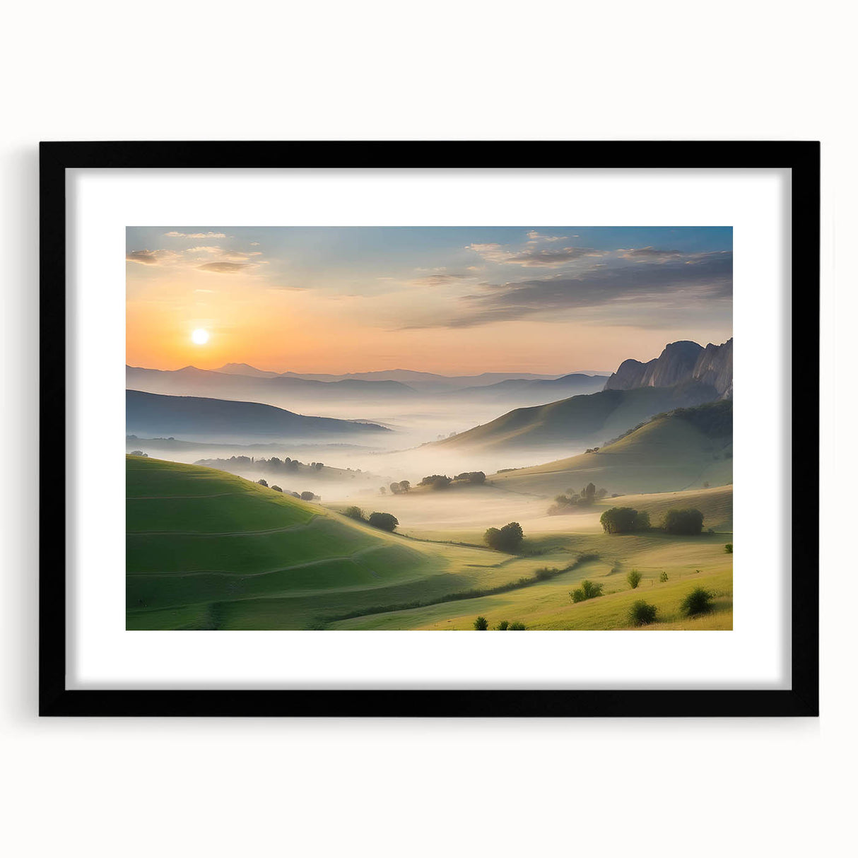 Framed black wall art featuring a serene valley landscape design with a mat, showcasing earthy tones and intricate details, ideal for modern home decor.