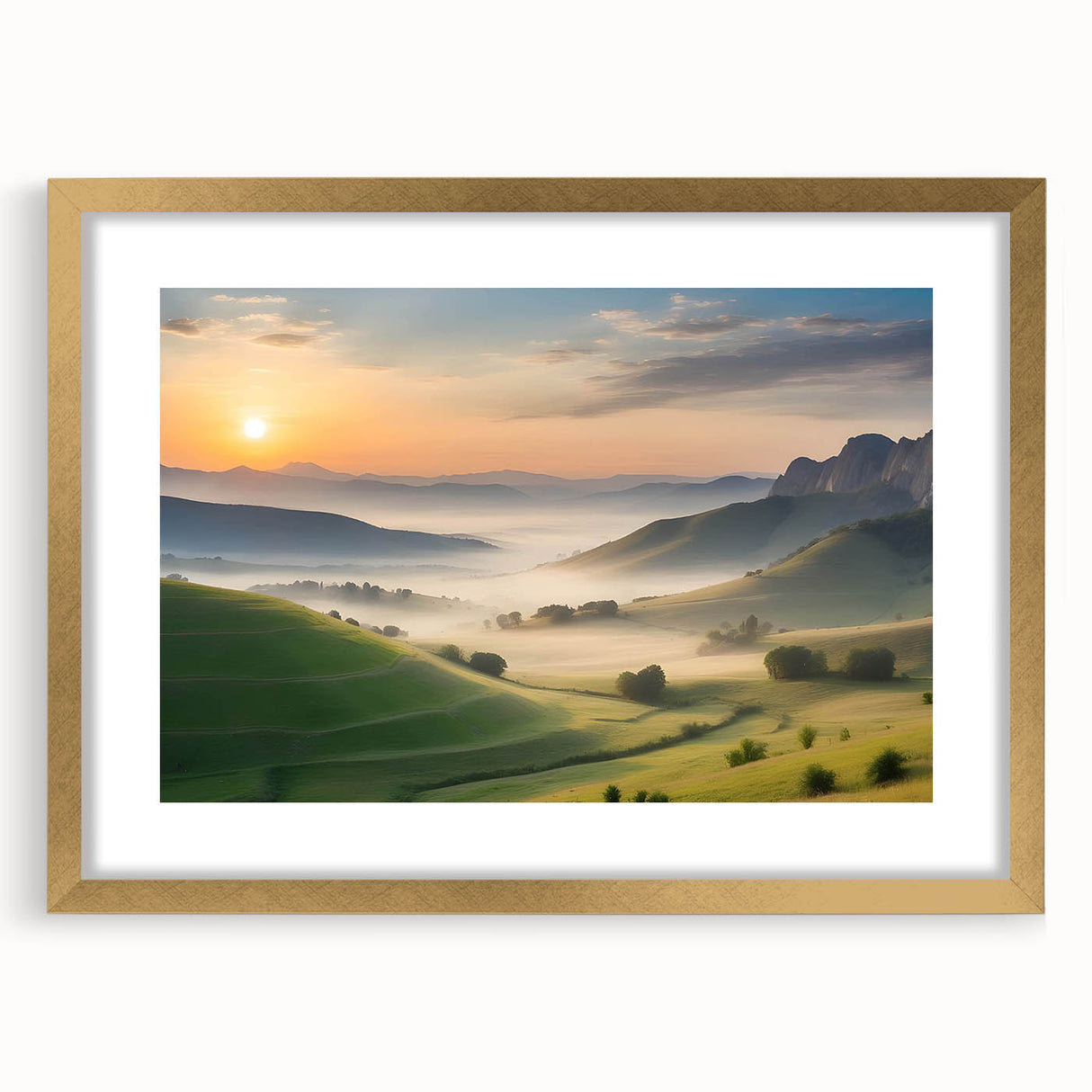 Framed wall art of a serene valley landscape with gold matting, showcasing vibrant colors and intricate details, perfect for enhancing home decor.