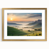 Framed wall art of a serene valley landscape with gold matting, showcasing vibrant colors and intricate details, perfect for enhancing home decor.