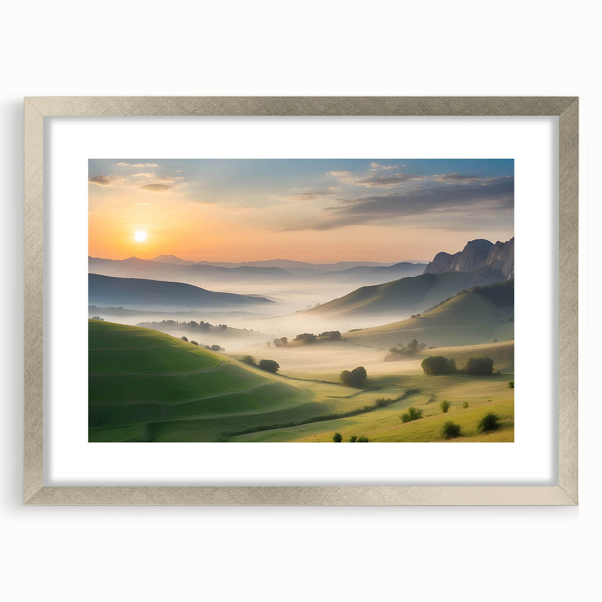 Framed silver wall art showcasing a serene valley landscape design, complete with a white mat. Ideal for home decor, adding tranquility to any space.