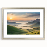Framed silver wall art showcasing a serene valley landscape design, complete with a white mat. Ideal for home decor, adding tranquility to any space.