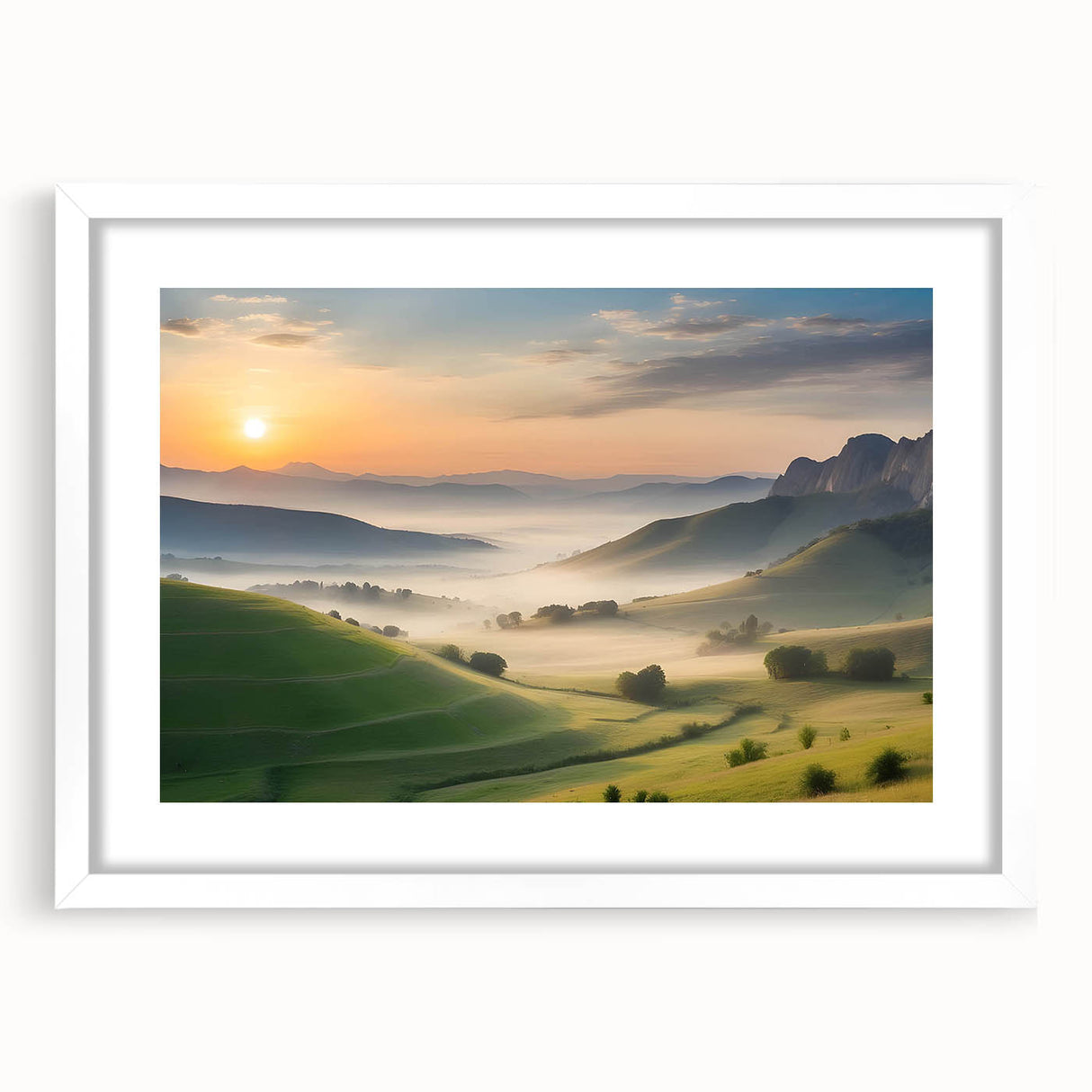 Framed landscape wall art collection showcasing a serene valley design with a white mat, perfect for home decor or office ambiance, enhancing aesthetic appeal.