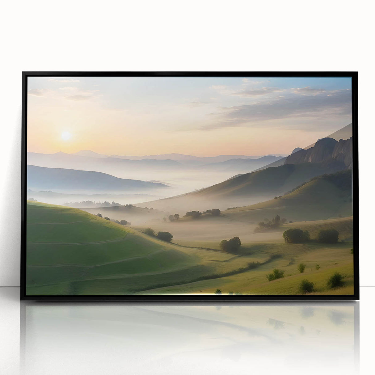 Framed acrylic wall art showcasing a serene valley landscape in rich greens and blues, designed for modern decor, enhancing any living space with natural beauty.