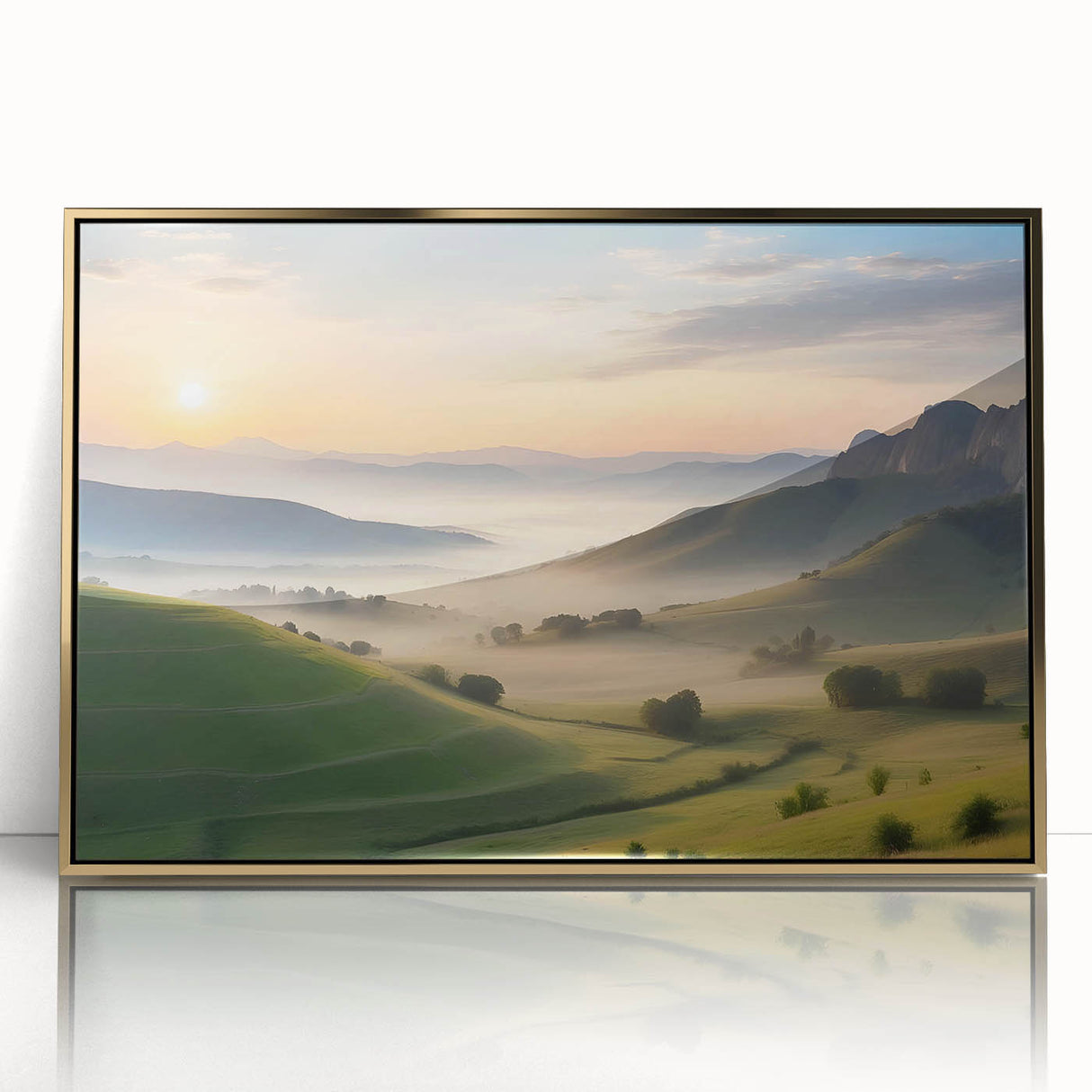 Framed wall art featuring a serene valley landscape design, accentuated with a gold frame. The acrylic finish adds depth and vibrancy, perfect for modern decor.