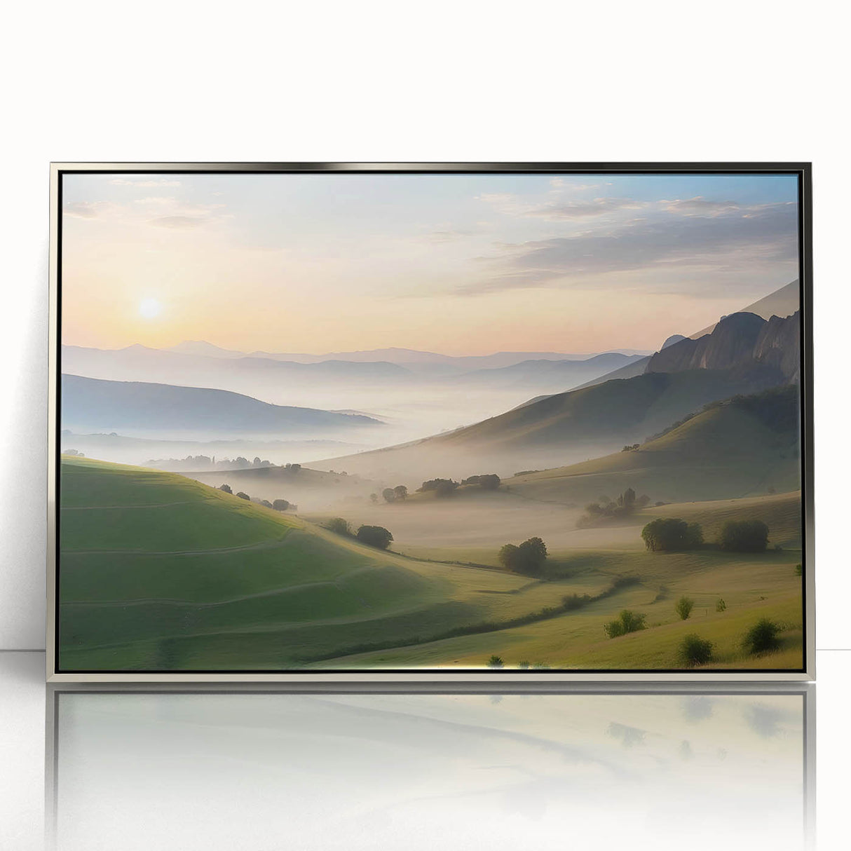 Framed acrylic wall art showcasing a serene valley landscape design with silver accents, perfect for modern home decor and adding tranquility to any room.