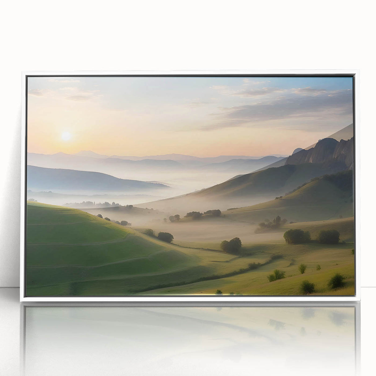 Framed acrylic wall art showcasing a vibrant valley landscape design with a white frame, perfect for modern home decor or office settings.