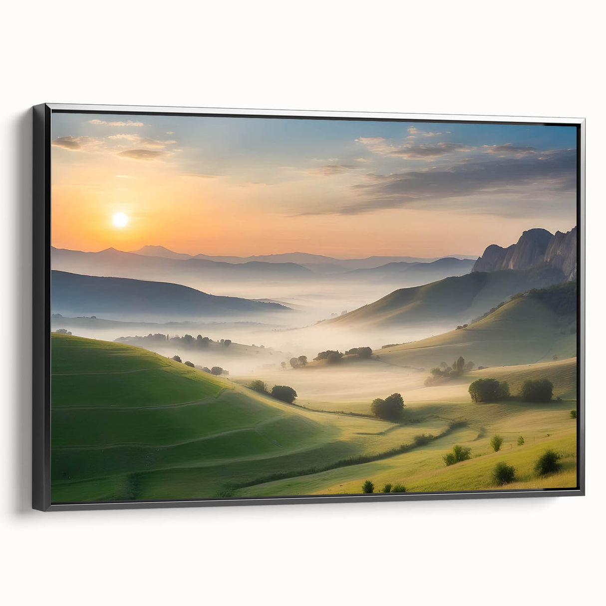 Framed canvas wall art showcasing a stunning valley landscape design with rich colors, set in an elegant black frame, perfect for enhancing home decor.