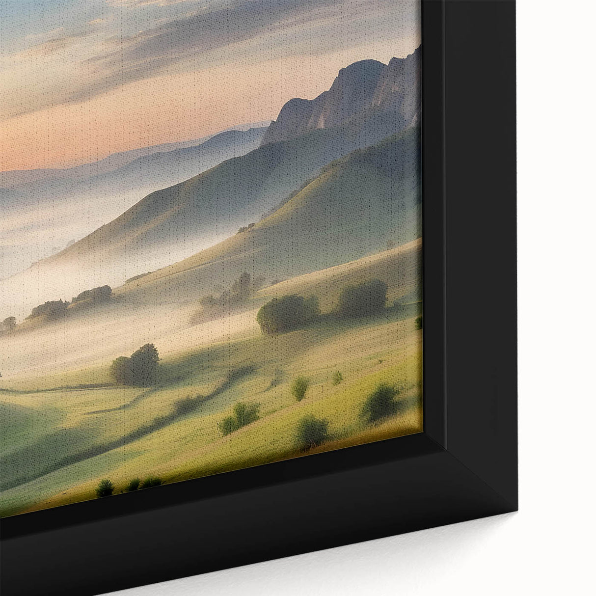 Framed canvas artwork showcasing a serene valley landscape design, featuring rich greens and blues, ideal for home decor. Captivating details highlight the natural beauty, enhancing any interior space.