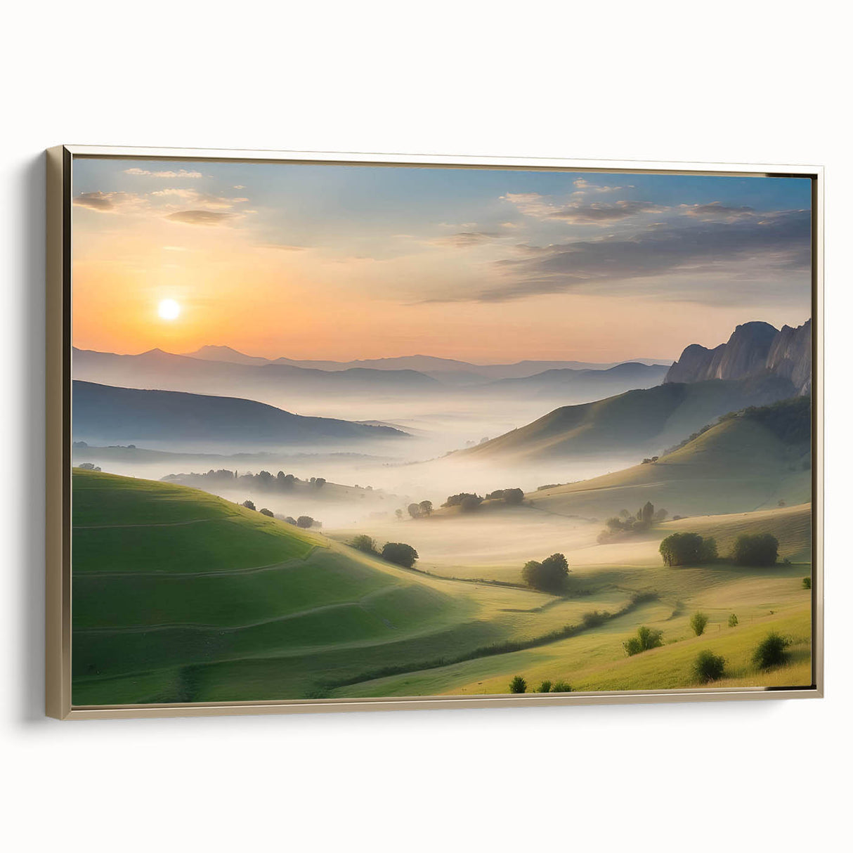 Framed canvas wall art depicting a serene valley landscape, featuring rich green hues and golden accents, designed to enhance any modern decor setting.