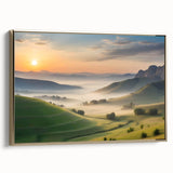 Framed canvas wall art depicting a serene valley landscape, featuring rich green hues and golden accents, designed to enhance any modern decor setting.