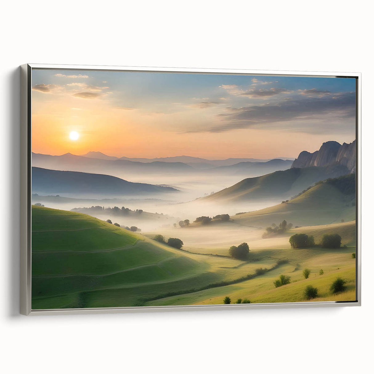 Framed canvas wall art showcasing a serene valley landscape with soft green hues and silver accents, ideal for modern home decor, enhancing any living space.