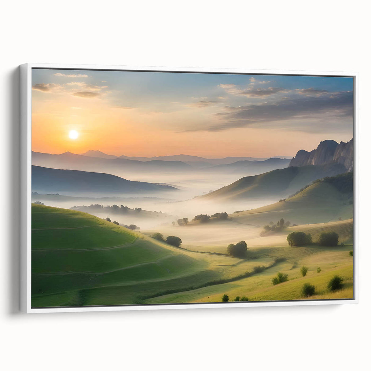 Framed canvas wall art showcasing a serene landscape valley design with vibrant greens and blues, mounted in a sleek white frame, ideal for modern decor.
