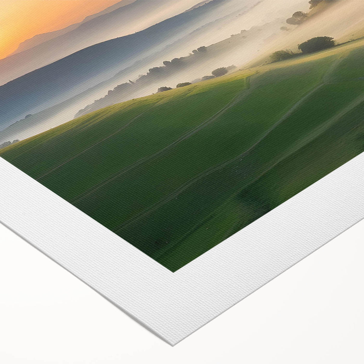 Rolled canvas wall art featuring a vibrant landscape design of a serene valley, showcasing lush greenery and dramatic mountains, ideal for home decor.