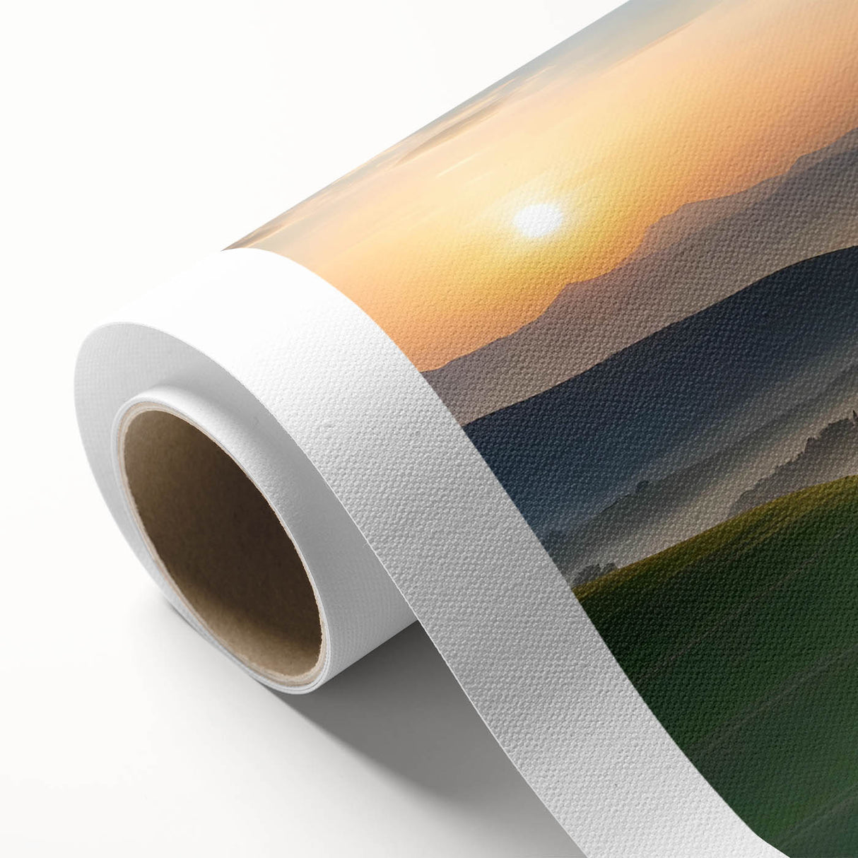 Rolled canvas artwork showcasing a serene valley landscape in vibrant colors, perfect for home decor. Textured finish enhances visual depth and appeal.