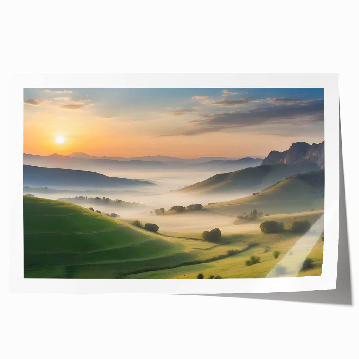 Vibrant rolled print of a serene valley landscape, showcasing lush greenery and soft blue skies, ideal for home decor and art enthusiasts.