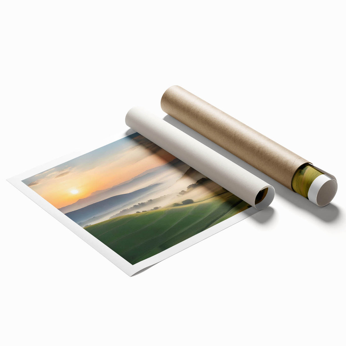 Vibrant rolled print of a serene valley landscape with lush greenery and mountains, designed for wall art decor, packaged securely in a cardboard tube.